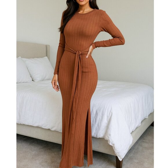 NWT Topshop Rib Knit Tie Waist Fall Brown Bodycon Fitted Dress With Slits - Picture 1 of 8